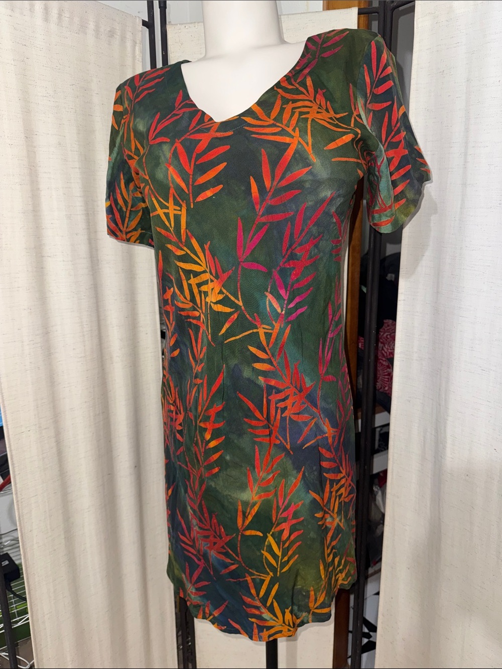 Vintage Dark Green Hawaiian Print Dress Tropical Tantrum l